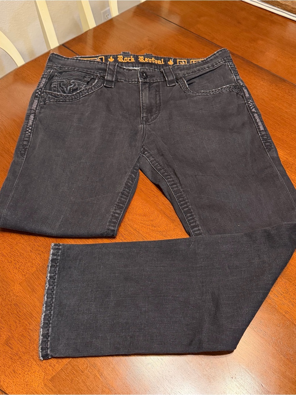 Rock Revival Satellite Slim Straight Jeans Mens 36x31 Black Embroidered Distress